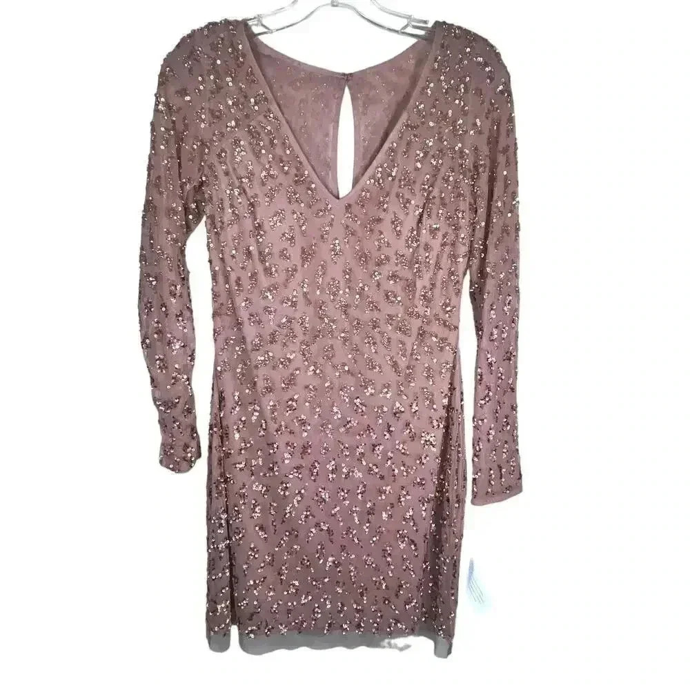 Aidan Maddox NWT Dusty Rose V‎ Neck Long Sleeve Sequin Cocktail Dress Size 6